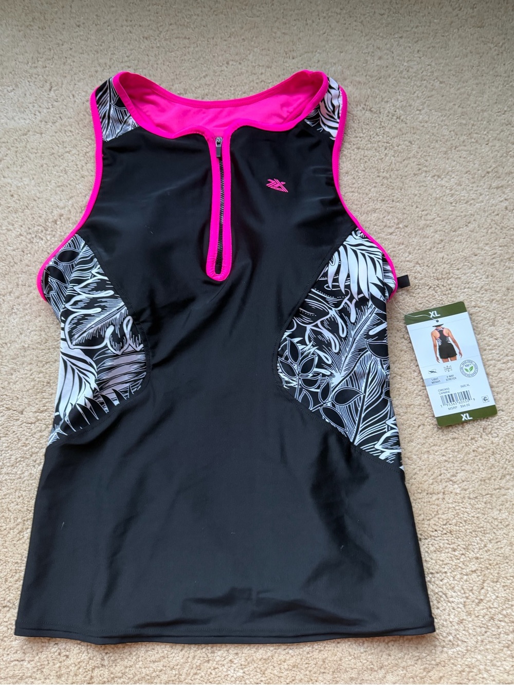 NWT ZeroXposur Black & Pink Zip Front Racerback Carmine Tankini Top - Size XL